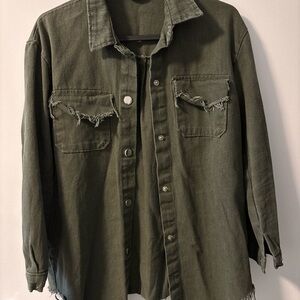 Women's Olive Green Distressed Shirt Jacket